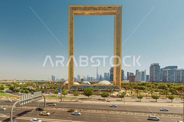 Urban growth and development in the Emirates, architectural engineering art of Dubai city frame, golden glass building, green palm trees in broad daylight, famous landmarks and tourist places in Dubai