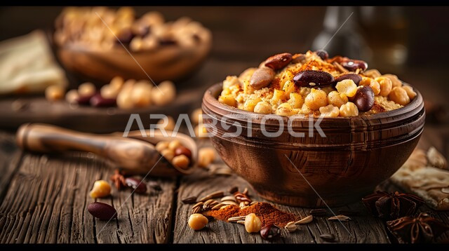 طبق سلطة الحمص والفاصوليا مع التوابل، المقبلات الباردة الشهية على طاولة السفرة، مأكولات وأطباق شعبية تقليدية، وصفات طعام شرقية عربية، المأكولات والأطعمة اللذيذة