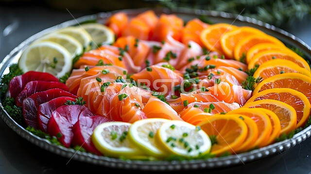 طبق الساشيمي بالسلمون والشمندر والحمضيات، وجبة ذات قيمة غذائية عالية، فنون التقديم في مطاعم ومطابخ المملكة العربية السعودية، أطباق من المأكولات العربية التقليدية الشعبية، وصفات طعام شهية صحية ولذيذة