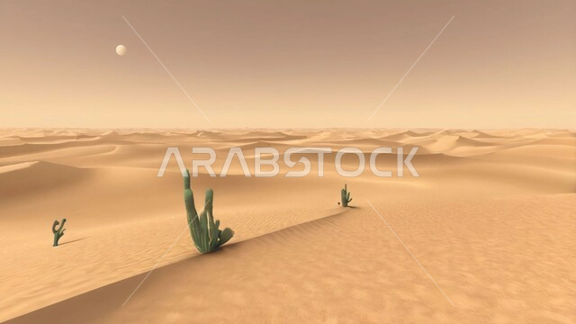 Growth of wild plants and thorns in deserts, soft golden undulating sand and dunes in the desert of Saudi Arabia, desert areas and desert environment during the day, natural sand dunes and hills in the middle of the desert, nature background