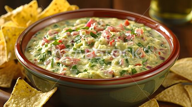 Avocado and tomato salad with tortilla chips, serving healthy and useful meals in Saudi restaurants, foods rich in vitamins, a diet to maintain physical fitness, Arabic appetizers and oriental dishes