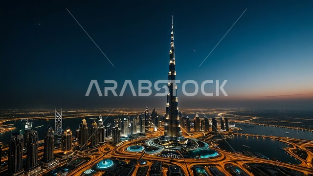 النمو والتطور العمراني على ساحل الخليج العربي، الفن الهندسي المعماري على الطراز الحديث للأبراج وناطحات السحاب، جذب واستقطاب السياح من انحاء العالم، برج خليفة في مدينة دبي المضيء ليلا، الواجهة السياحية في الامارات العربية المتحدة