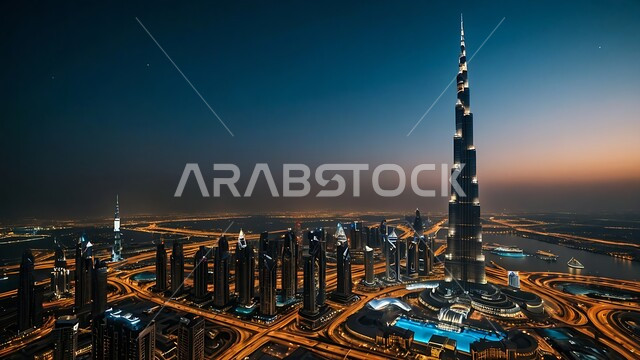 Urban growth and development on the coast of the Arabian Gulf, modern architectural art of towers and skyscrapers, attracting and attracting tourists from all over the world, Burj Khalifa in Dubai illuminated at night, tourist facade in the United Arab Emirates