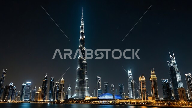 النمو والتطور العمراني على ساحل الخليج العربي، الفن الهندسي المعماري على الطراز الحديث للأبراج وناطحات السحاب، جذب واستقطاب السياح من انحاء العالم، برج خليفة في مدينة دبي المضيء ليلا، الواجهة السياحية في الامارات العربية المتحدة