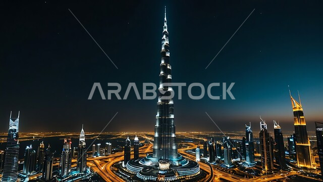 جذب واستقطاب السياح من انحاء العالم, الواجهة السياحية في الامارات العربية المتحدة، برج خليفة في مدينة دبي ليلاً، النمو والتطور العمراني على ساحل الخليج العربي، الفن الهندسي المعماري للأبراج وناطحات السحاب