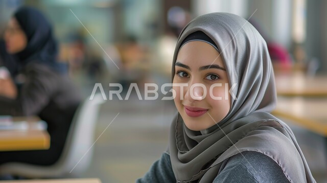 الأناقة و الاهتمام بالمظهر الخارجي, مفهوم الأنوثة و النعومة, صورة مقربة لشابة عربية خليجية سعودية مبتسمة ترتدي الحجاب تنظر إلى الكاميرا بإيماءات السعادة و السرور