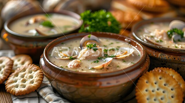 الأساليب الفنية في تقديم الطعام، صورة مقربة لطبق من شوربة المحار الكريمية مع البقدونس الطازج، أطعمة من المطبخ السعودي الاسيوي، وعاء من المقبلات اللذيذة، المأكولات البحرية الشهية