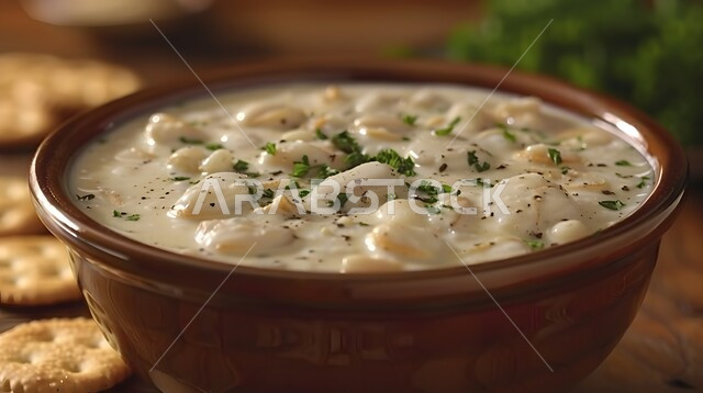 الأساليب الفنية في تقديم الطعام، صورة مقربة لطبق من شوربة المحار الكريمية مع البقدونس الطازج، أطعمة من المطبخ السعودي الاسيوي، وعاء من المقبلات اللذيذة، المأكولات البحرية الشهية