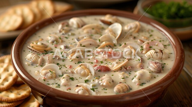 الأساليب الفنية في تقديم الطعام، صورة مقربة لطبق من شوربة المحار الكريمية مع البقدونس الطازج، أطعمة من المطبخ السعودي الاسيوي، وعاء من المقبلات اللذيذة، المأكولات البحرية الشهية