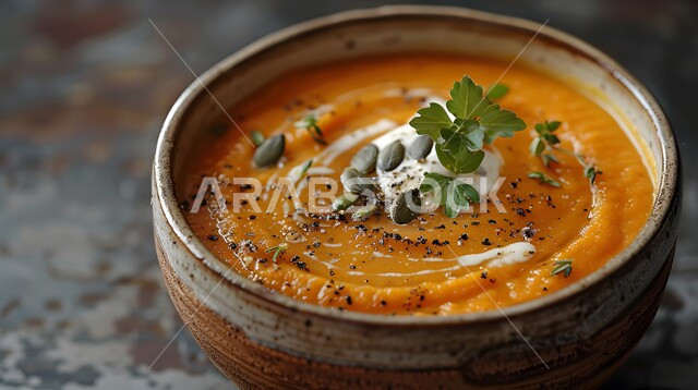 A plate of pumpkin soup with cream garnished with roasted seeds, orange Halloween pumpkin, hot Arabic dishes and foods, delicious popular recipes and meals, Saudi Gulf oriental kitchens and restaurants