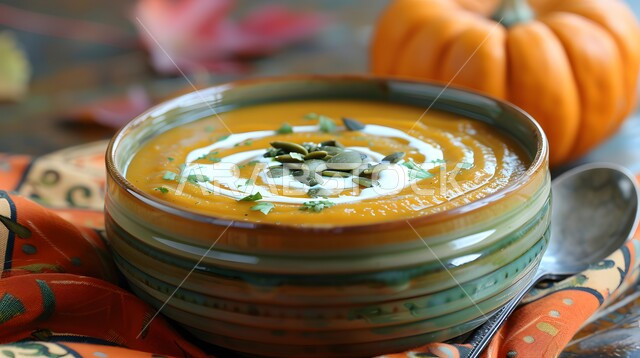 A plate of pumpkin soup with cream garnished with roasted seeds, orange Halloween pumpkin, hot Arabic dishes and foods, delicious popular recipes and meals, Saudi Gulf oriental kitchens and restaurants