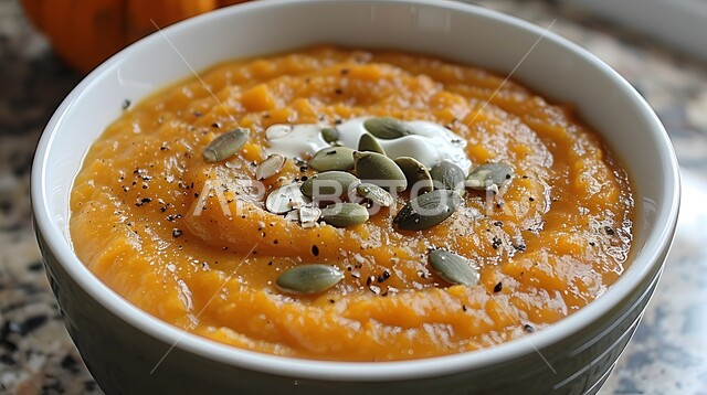 قرع الهالوين البرتقالي، طبق من شوربة اليقطين مع الكريمة المزين بالبذور المحمصة، اطباق واكلات عربية ساخنة، وصفات ووجبات طعام شعبية شهية، مطابخ ومطاعم شرقية خليجية سعودية