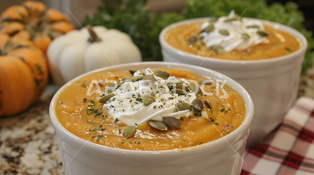 قرع الهالوين البرتقالي، طبق من شوربة اليقطين مع الكريمة المزين بالبذور المحمصة، اطباق واكلات عربية ساخنة، وصفات ووجبات طعام شعبية شهية، مطابخ ومطاعم شرقية خليجية سعودية