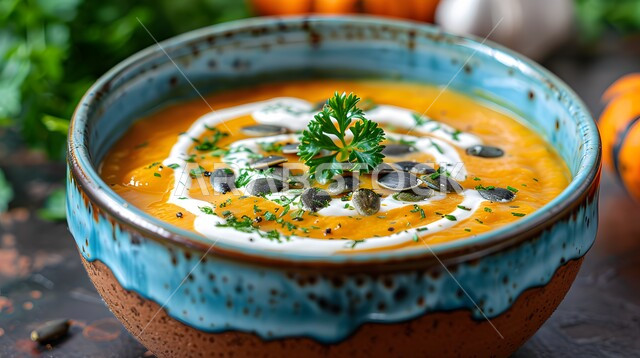 قرع الهالوين البرتقالي، طبق من شوربة اليقطين مع الكريمة المزين بالبذور المحمصة، اطباق واكلات عربية ساخنة، وصفات ووجبات طعام شعبية شهية، مطابخ ومطاعم شرقية خليجية سعودية