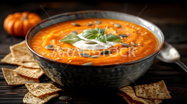 Saudi Gulf oriental kitchens and restaurants, orange Halloween pumpkin, a plate of pumpkin soup with cream decorated with roasted seeds and herbs, hot Arabic dishes and meals, delicious popular recipes and meals