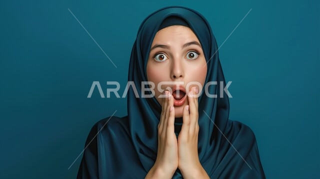 ايماءات الذهول الصدمة، التعجب من حصول أمر ما، بورتريه مقرب لامرأة عربية خليجية سعودية محجبة تنظر إلى الكاميرا بتعابير الدهشة والخوف، خلفية زرقاء