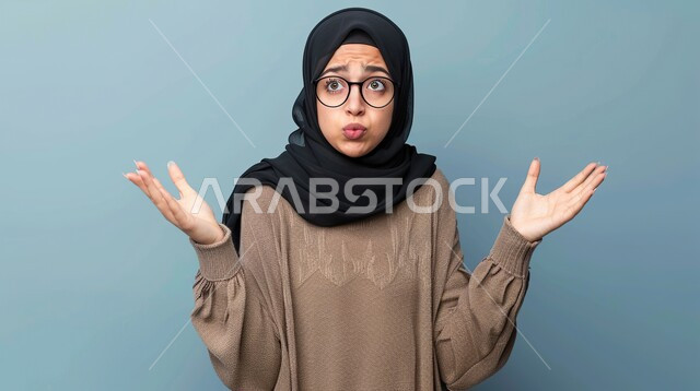 ايماءات الذهول الصدمة، التعجب من حصول أمر ما، بورتريه مقرب لامرأة عربية خليجية سعودية محجبة تنظر إلى الكاميرا بتعابير الدهشة والخوف، خلفية زرقاء