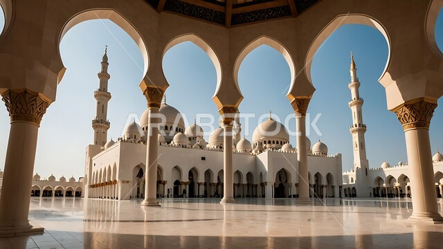 The concept of worship and getting closer to God, performing religious duties and prayers, integrating civilization with authenticity, Islamic decorations and engravings in a mosque in the Kingdom of Saudi Arabia, distinctive decorations and designs in the Islamic style