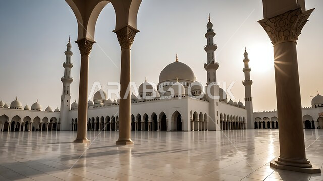The concept of worship and getting closer to God, performing religious duties and prayers, integrating civilization with authenticity, Islamic decorations and engravings in a mosque in the Kingdom of Saudi Arabia, distinctive decorations and designs in the Islamic style