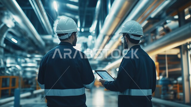 تحقيق الثورة الصناعية، اعتماد التقنيات والتكنولوجيا الحديثة في الهندسة، صورة من الخلف لمهندسين عربيين سعوديين خليجيين يرتدوا خوذة الحماية يقوموا بفحص معدات النفط والغاز في المصنع, مهن ووظائف سعودية، جودة الانتاج والتصنيع