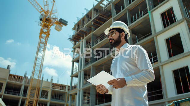 متابعة ومراقبة عملية البناء, مفهوم التطور التقدم العمراني في المملكة العربية السعودية, الاشراف على سير خطة العمل في موقع الانشاء, صورة مقربة من الجانب لمهندس عربي خليجي سعودي يرتدي خوذة الحماية يعمل في المجال الهندسي, مهن ووظائف سعودية