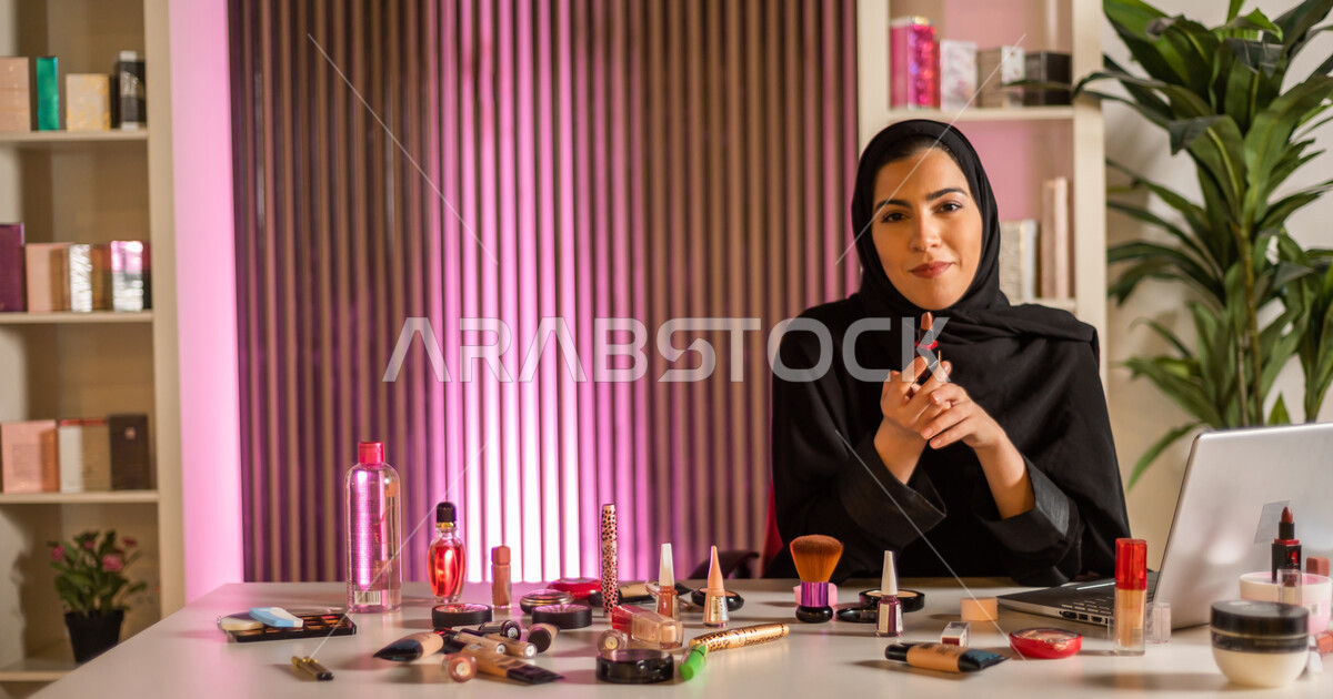 Saudi Arabian Gulf makeup saleswoman, veiled, expert in cosmetics