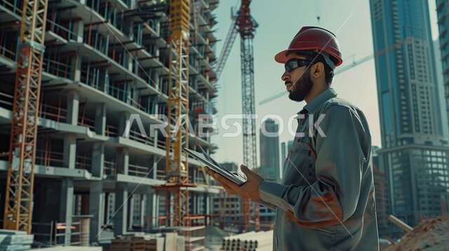 متابعة ومراقبة عملية البناء, مفهوم التطور التقدم العمراني في المملكة العربية السعودية, الاشراف على سير خطة العمل في موقع الانشاء, صورة مقربة من الجانب لمهندس عربي خليجي سعودي يرتدي خوذة الحماية يعمل في المجال الهندسي, مهن ووظائف سعودية