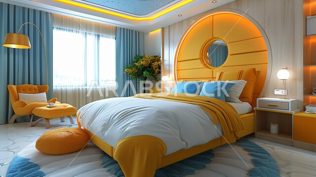 Modern style bedroom interior design, residential apartments and villas with sophisticated decorations, elegant and comfortable home furniture, luxury hotels and resorts in Saudi Arabia, the art of interior design and decoration, rooms with elegant modern designs