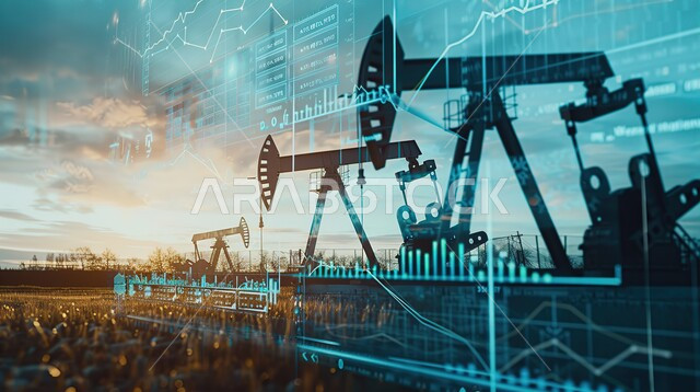 بيع وتصدير الثروات الباطنية، جودة أدوات ومعدات استخراج البترول، استنباط النفط والزيوت، آلات حفر ضخمة, رسوم بيانية إحصائية للبورصة المالية، التجاره الإلكترونيه الرقمية، متابعة مؤشرات الأسهم ومخططات الإستثمار المالي, النمو والتطور في المجال الاقتصادي في السعودية