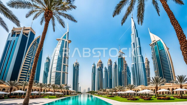 تحسين وتطوير البنية التحتية، المباني والمنشآت التجارية الشاهقة المطلة على البحر، بناء مستقبل حضاري متطور في دبي، الفنون والتصاميم المعمارية الحديثة، ناطحات السحاب والأبراج في الامارات العربية المتحدة، منظر تخيلي مستقبلي للتقدم والنمو العمراني