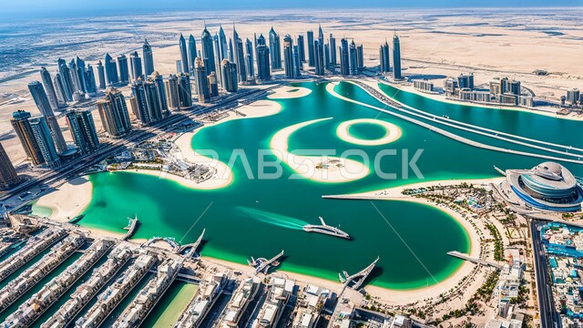 المباني والمنشآت التجارية الشاهقة المطلة على البحر، بناء مستقبل حضاري متطور في دبي، الفنون والتصاميم المعمارية الحديثة، ناطحات السحاب والأبراج في الامارات العربية المتحدة، منظر تخيلي مستقبلي للتقدم والنمو العمراني، تحسين وتطوير البنية التحتية