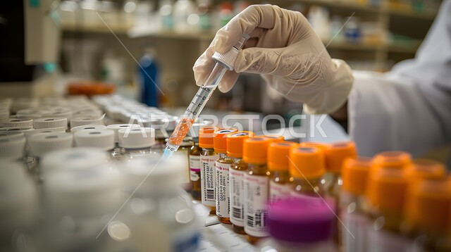 مختبرات الفحوصات الطبية والتحاليل الكيمائية، صورة مقربة ليد مخبري يرتدي القفازات و يمسك بيده أنابيب الاختبار، إجراء تجارب وبحوث علمية عبر التكنولوجيا الحيوية، معمل الصناعات الدوائية، استخدام الأنبوبة الزجاجية المعقمة لتحليل العينات المختلفة