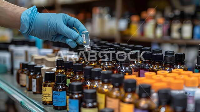 مختبرات الفحوصات الطبية والتحاليل الكيمائية، صورة مقربة ليد مخبري يرتدي القفازات و يمسك بيده أنابيب الاختبار، إجراء تجارب وبحوث علمية عبر التكنولوجيا الحيوية، معمل الصناعات الدوائية، استخدام الأنبوبة الزجاجية المعقمة لتحليل العينات المختلفة