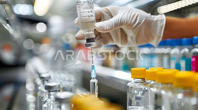 مختبرات الفحوصات الطبية والتحاليل الكيمائية، صورة مقربة ليد مخبري يرتدي القفازات و يمسك بيده أنابيب الاختبار، إجراء تجارب وبحوث علمية عبر التكنولوجيا الحيوية، معمل الصناعات الدوائية، استخدام الأنبوبة الزجاجية المعقمة لتحليل العينات المختلفة