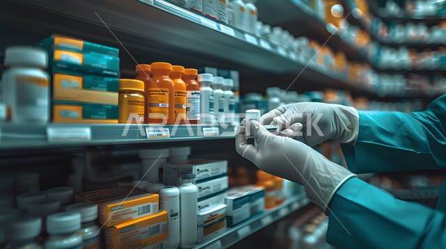 فحص وجرد مخزون الأدوية والمستلزمات الطبية داخل الصيدلية، صورة مقربة ليد صيدلاني عربي سعودي خليجي يرتدي القفازات الطبية يقوم بالبحث عن الوصفة الدوائية، تقديم الرعاية الصحية والوصفات الطبية