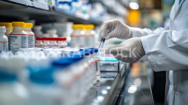 استخدام الأنبوبة الزجاجية المعقمة لتحليل العينات المختلفة، مختبرات الفحوصات الطبية والتحاليل الكيمائية، صورة مقربة ليد مخبري يرتدي القفازات و يمسك بيده أنابيب الاختبار، إجراء تجارب وبحوث علمية عبر التكنولوجيا الحيوية، معمل الصناعات الدوائية