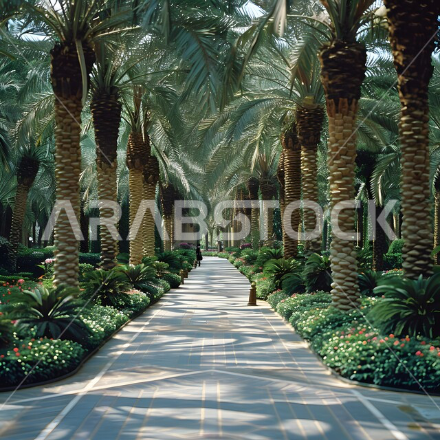 ممر محاط بأشجار النخيل في الحديقة, الهندسة الفنية المعمارية لبناء الحدائق في المملكة العربية السعودية, أماكن سياحية طبيعية, مناطق النزهات والتسلية والترفيه وقضاء الوقت الممتع, الاستمتاع بالمناظر الطبيعية في النهار