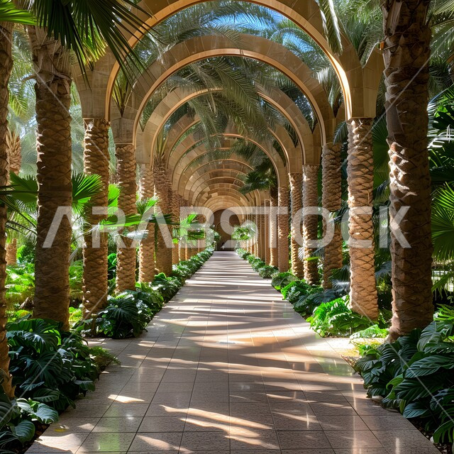 الهندسة الفنية المعمارية لبناء الحدائق في المملكة العربية السعودية, ممر حجري بين الأشجار والبناتات الخضراء, الأقواس والأعمدة من شجر النخيل, أماكن سياحية طبيعية, مناطق النزهات والتسلية والترفيه وقضاء الوقت الممتع