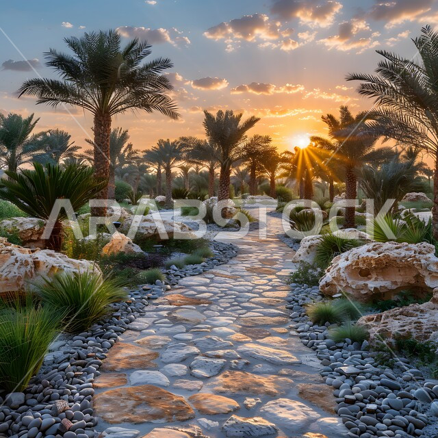 ممر محاط بالنباتات الخضراء وأشجار النخيل في الحديقة, الهندسة الفنية المعمارية لبناء الحدائق في المملكة العربية السعودية, أماكن سياحية طبيعية, مناطق النزهات والتسلية والترفيه وقضاء الوقت الممتع, الاستمتاع بمنظر غروب الشمس في الطبيعة