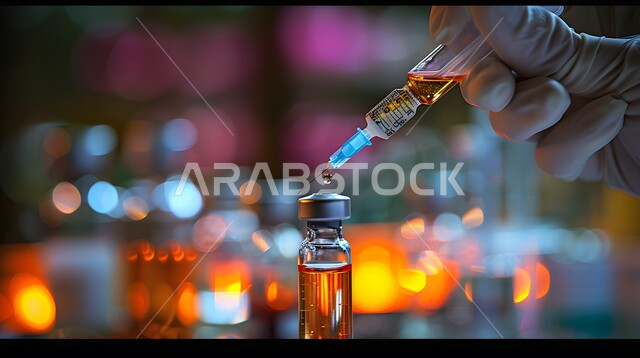 معمل الصناعات الدوائية، استخدام الأنبوبة الزجاجية المعقمة لتحليل العينات المختلفة، مختبرات الفحوصات الطبية والتحاليل الكيمائية، صورة مقربة ليد مخبري يرتدي القفازات و يمسك بيده أنابيب الاختبار، إجراء تجارب وبحوث علمية عبر التكنولوجيا الحيوية