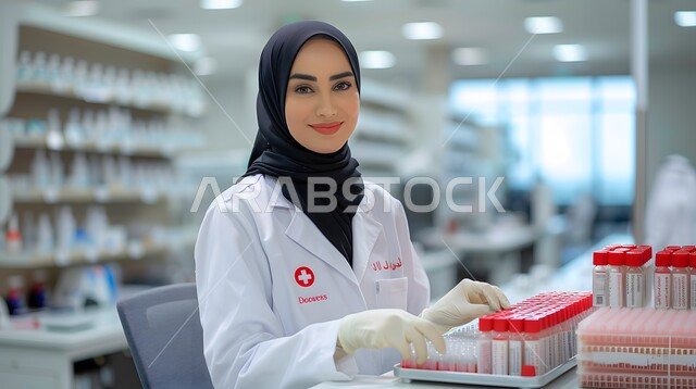 استعمال الأنابيب الزجاجية المعقمة لتحليل العينات المختلفة، معمل الصناعات الدوائية، مختبرات الفحوصات الطبية والتحاليل الكيمائية، صورة مقربة لفتاة مخبرية عربية خليجية سعودية مبتسمة ترتدي المعطف الطبي تقوم بإجراء التجارب والبحوث العلمية عبر التكنولوجيا الحيوية