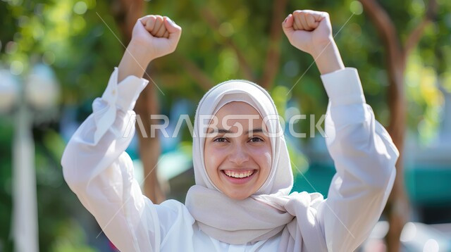 Elegance and interest in appearance, the concept of femininity and softness, a close-up photo of a smiling Saudi Arabian Gulf young woman wearing the hijab looking at the camera with gestures of happiness and pleasure