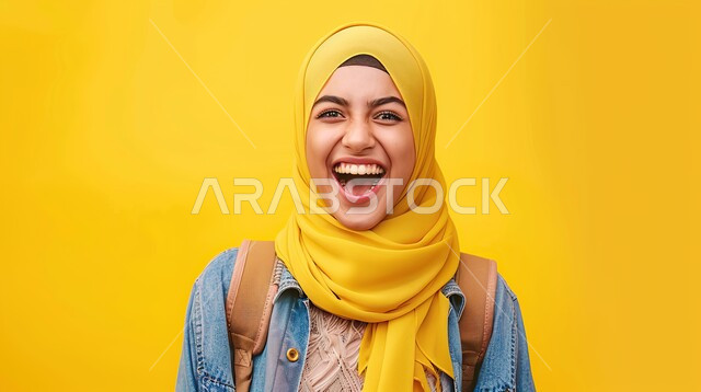 الأناقة و الاهتمام بالمظهر الخارجي, مفهوم الأنوثة و النعومة, بورتريه مقرب لشابة عربية خليجية سعودية مبتسمة ترتدي الحجاب تنظر إلى الكاميرا بإيماءات السعادة و السرور، خلفية صفراء