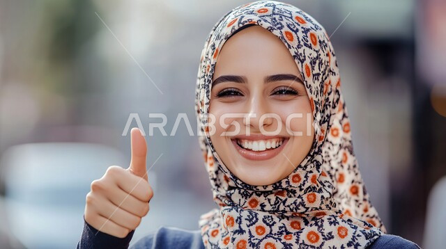 تعابير الإعجاب والرضى، صورة مقربة لامرأه عربيه خليجيه سعوديه محجبة ترفع اصبع الابهام بإيماءات الامتياز والجودة، مفهوم القبول والموافقه