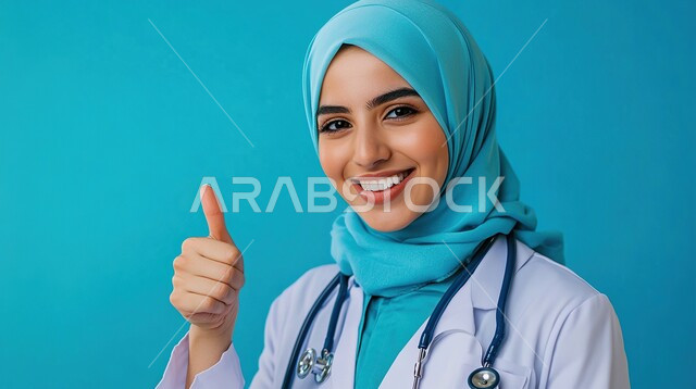 علامة الجودة والقبول، تقديم الخدمات العلاجية في المستشفيات والمراكز الصحية، بورتريه مقرب لطبيبة عربية خليجية سعودية محجبة ترتدي المعطف الابيض تنظر الى الكاميرا ترفع إصبع الابهام للاعلى بإيماءات الإعجاب والرضا، خلفية زرقاء