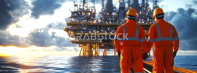  متابعة سير الأعمال في موقع العمل, صورة من الخلف لعامليين عربيين خليجيين سعوديين يرتديان البدلة الواقية البرتقالية وخوذة الحماية مصفاة تكرير النفط والغاز، خطوط الأنابيب الممتدة من أعماق البحر للمصافي، العمل في مجال هندسة البترول في المملكة العربية السعودية