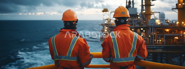  متابعة سير الأعمال في موقع العمل, صورة من الخلف لعامليين عربيين خليجيين سعوديين يرتديان البدلة الواقية البرتقالية وخوذة الحماية مصفاة تكرير النفط والغاز، خطوط الأنابيب الممتدة من أعماق البحر للمصافي، العمل في مجال هندسة البترول في المملكة العربية السعودية