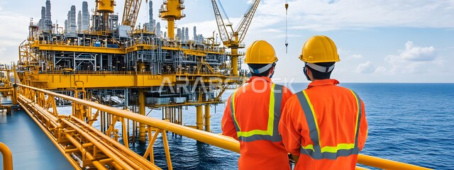 الإشراف على معامل ومصانع النفط في المملكة العربية السعودية، صورة من الخلف لعامليين عربيين خليجيين سعوديين يرتديان البدلة الواقية البرتقالية وخوذة الحماية، خطوط الأنابيب الممتدة من أعماق البحر للمصافي، العمل في مجال هندسة البترول، مصفاة تكرير النفط والغاز