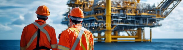 العمل في مجال هندسة البترول, مصفاة تكرير النفط والغاز, الإشراف على معامل ومصانع النفط في المملكة العربية السعودية، صورة من الخلف لعامليين عربيين خليجيين سعوديين يرتديان البدلة الواقية البرتقالية وخوذة الحماية، خطوط الأنابيب الممتدة من أعماق البحر للمصافي