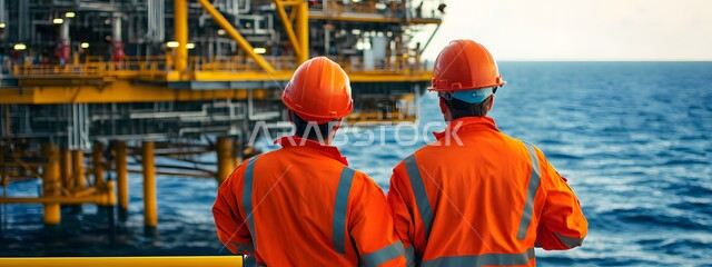 خطوط الأنابيب الممتدة من أعماق البحر للمصافي، العمل في مجال هندسة البترول, مصفاة تكرير النفط والغاز, الإشراف على معامل ومصانع النفط في المملكة العربية السعودية، صورة من الخلف لعامليين عربيين خليجيين سعوديين يرتديان البدلة الواقية وخوذة الحماية